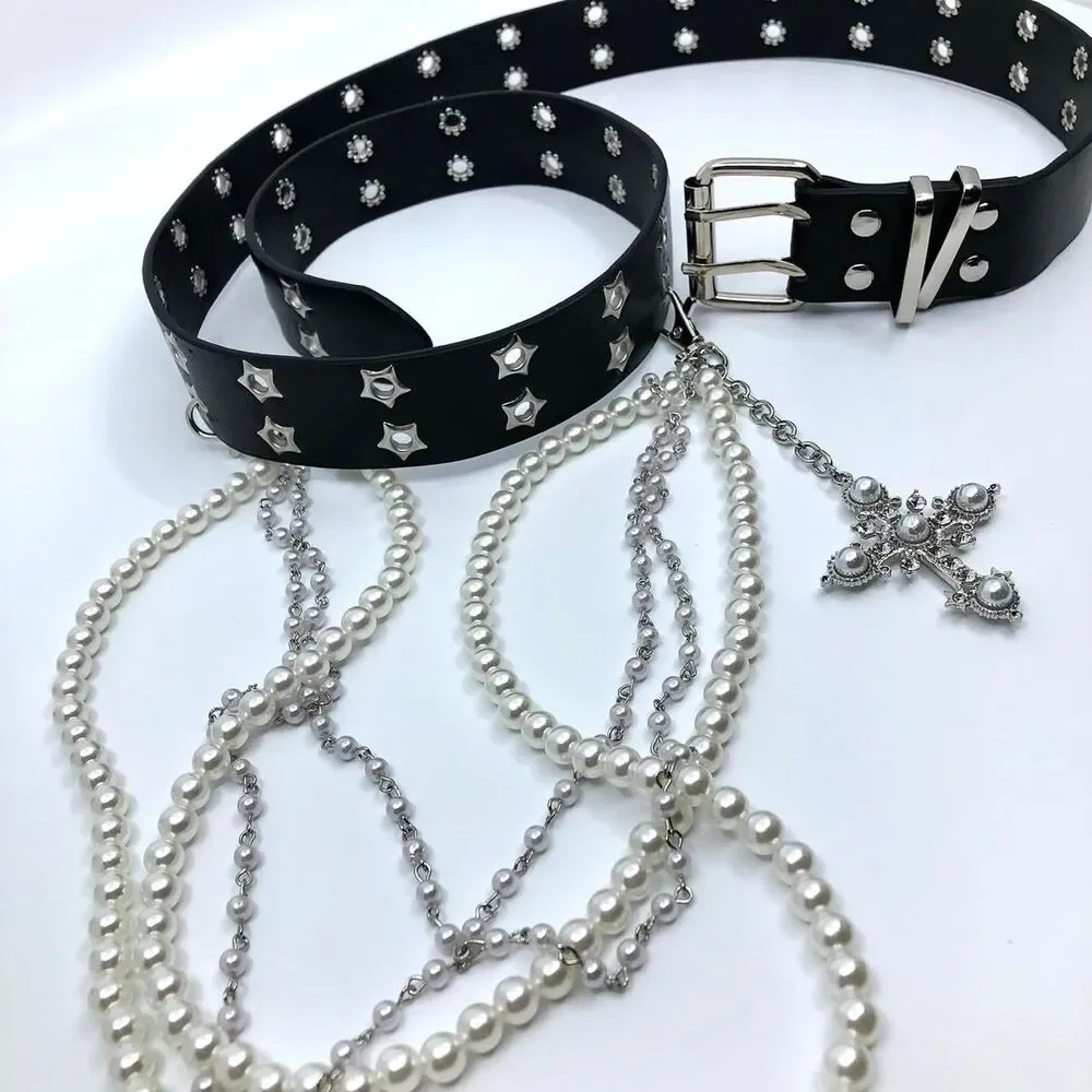 Y2K Goth Black Star Eyelet Faux Pearl Cross Belt, Fits 32–41 Inches, X7GA1227